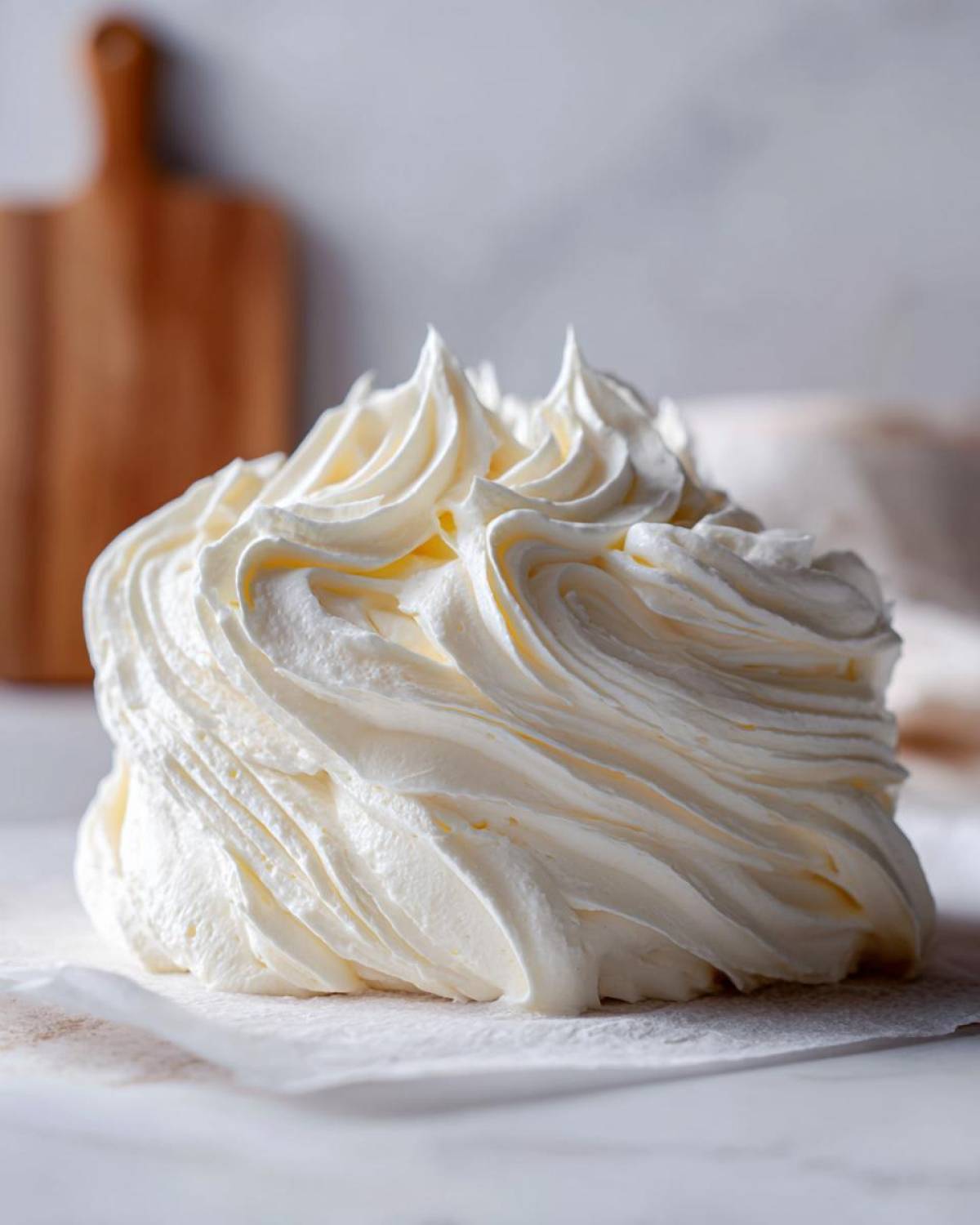 A large, beautifully piped mound of fluffy white vanilla buttercream frosting with distinct swirls and peaks.
