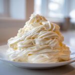 A large swirl of light yellow vanilla buttercream frosting piled high on a white plate.