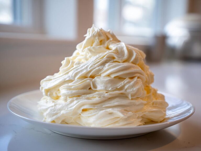 A large swirl of light yellow vanilla buttercream frosting piled high on a white plate.