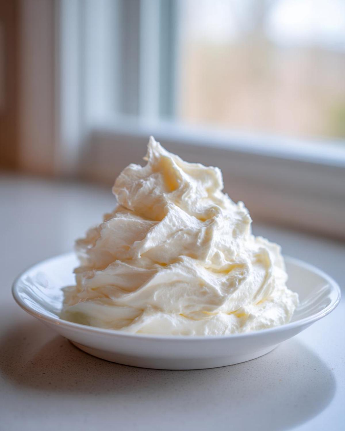 A generous swirl of creamy, white vanilla buttercream frosting piled high in a small white bowl.