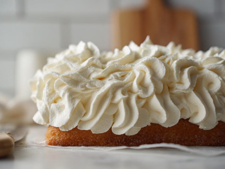 Close-up of a cake generously topped with perfectly piped swirls of creamy vanilla buttercream frosting.