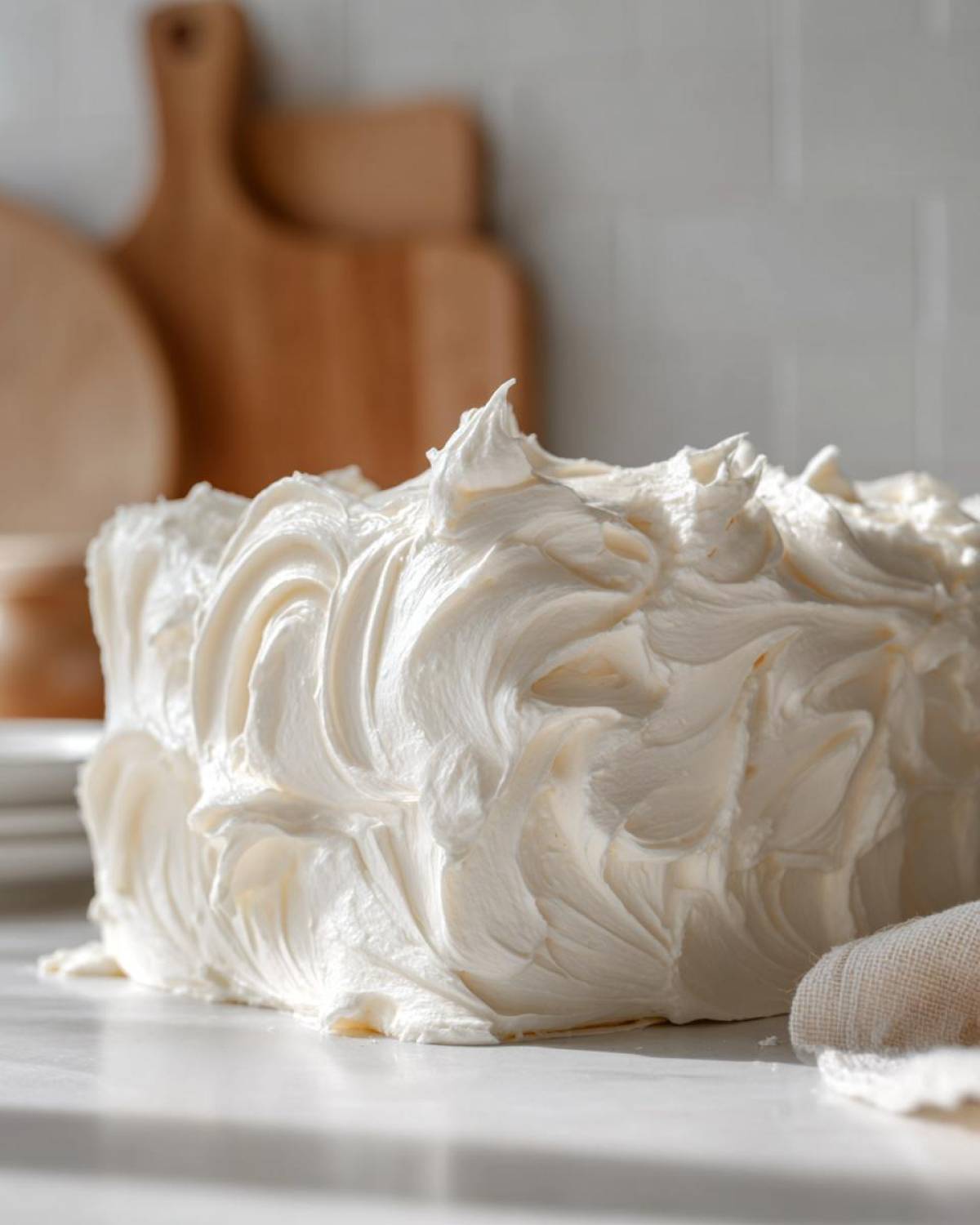 Close-up of a cake generously covered in thick, fluffy swirls of white vanilla buttercream frosting.