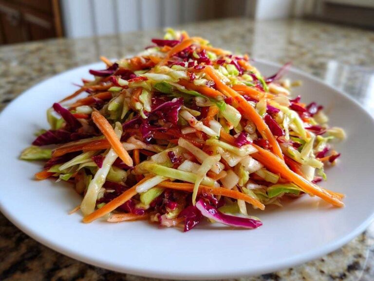 A vibrant mound of colorful cabbage salad with shredded carrots served on a white plate.