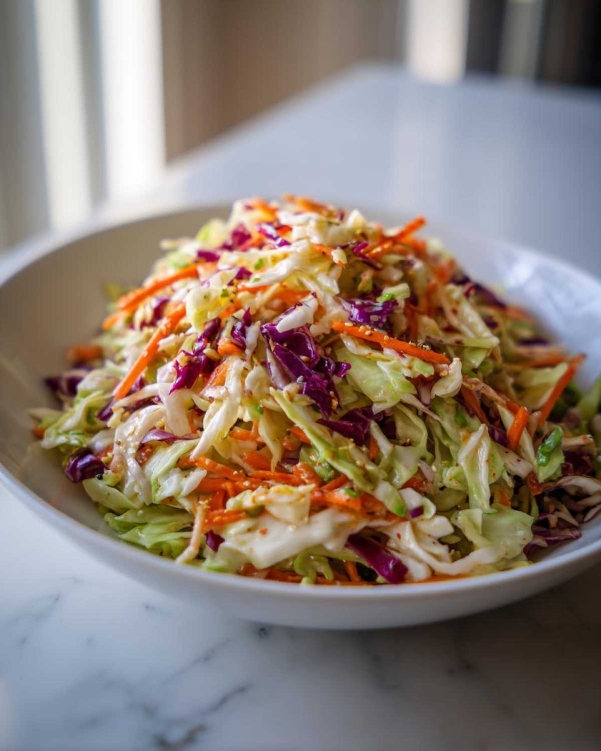 A close-up of a vibrant cabbage salad featuring shredded green and purple cabbage, carrots, and a light dressing, served in a white bowl.