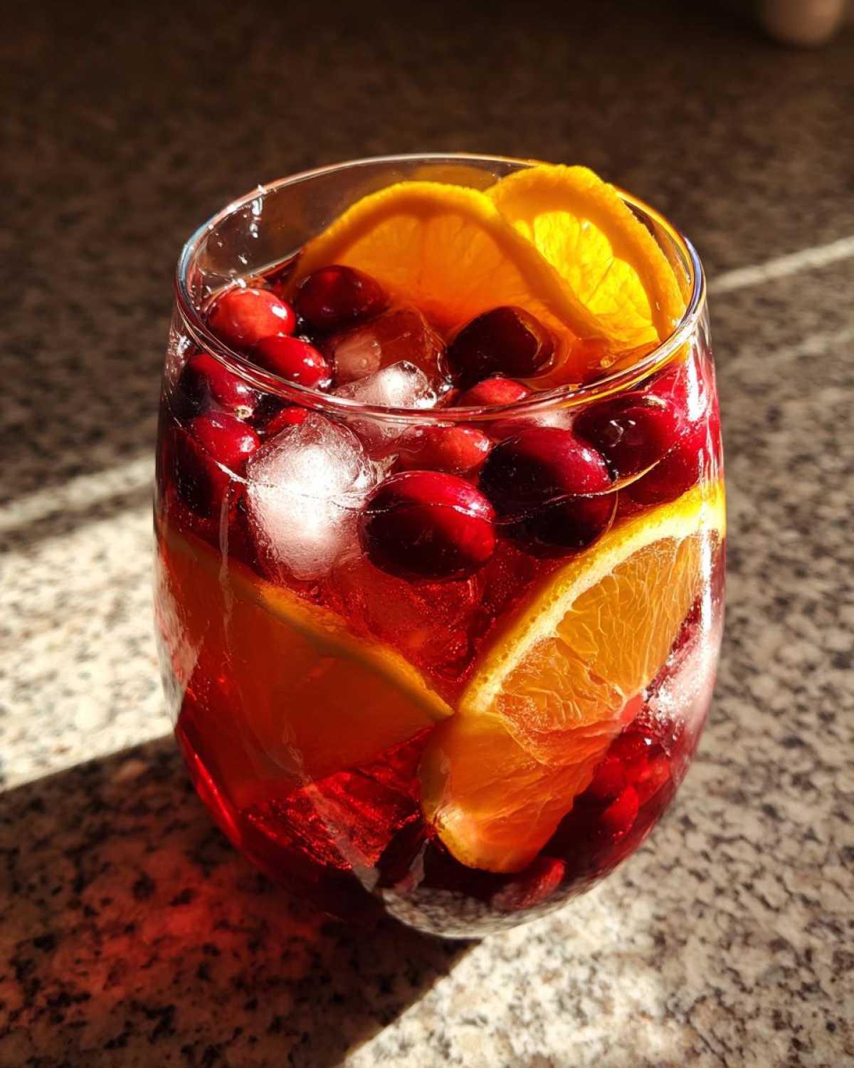 Close-up of a glass filled with vibrant red holiday sangria, ice, fresh cranberries, and bright orange slices.