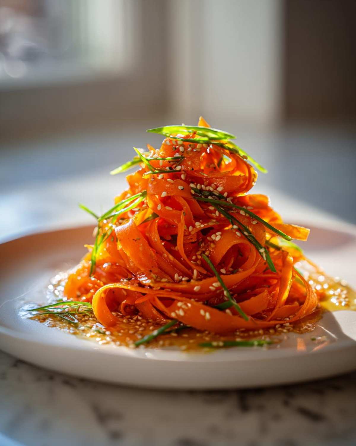 A beautifully plated mound of vibrant raw carrot salad ribbons, topped with sesame seeds and chives.