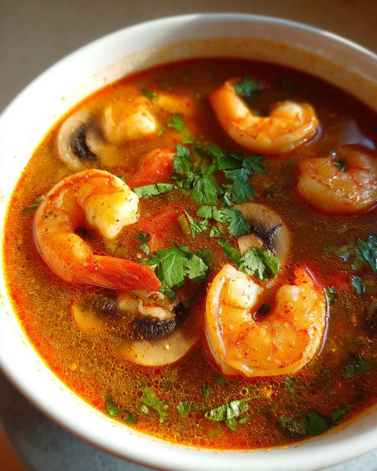 Close-up of a white bowl filled with vibrant, spicy tom yum soup featuring large shrimp, sliced mushrooms, and fresh cilantro.