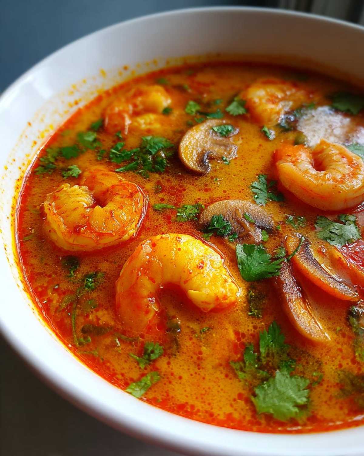 Close-up of vibrant orange and red broth of tom yum soup filled with large shrimp and sliced mushrooms.