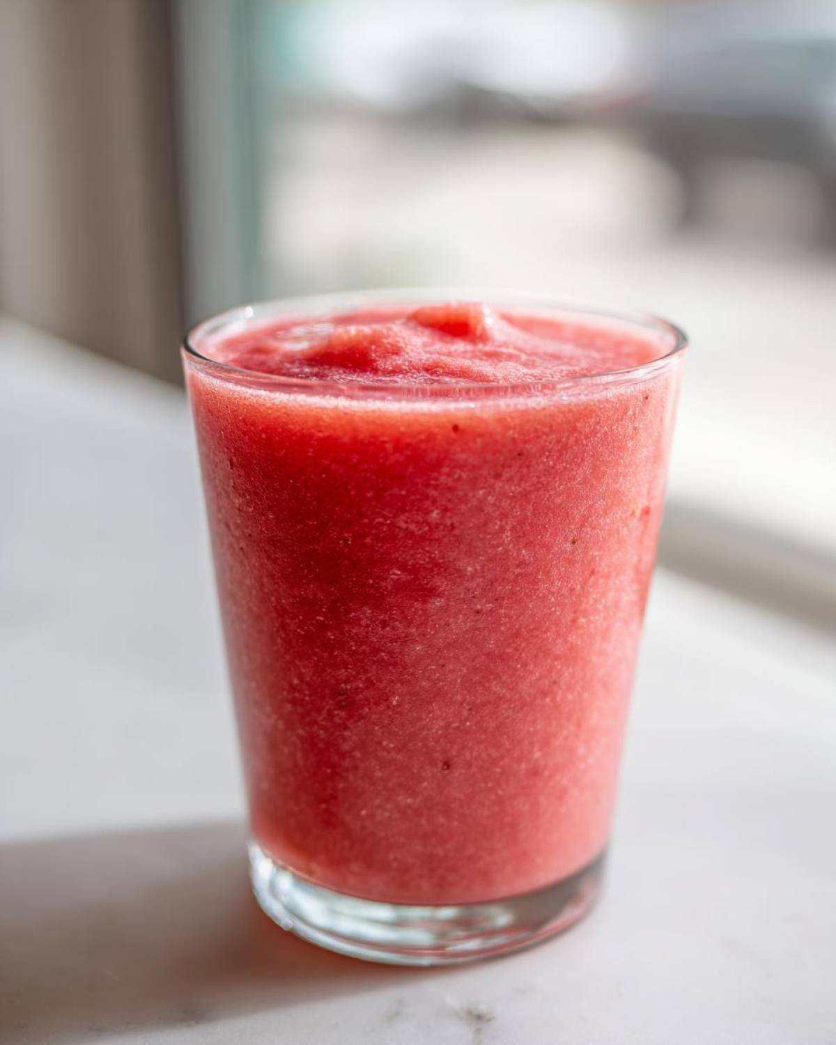 Close-up of a vibrant, icy watermelon smoothie served in a clear glass.