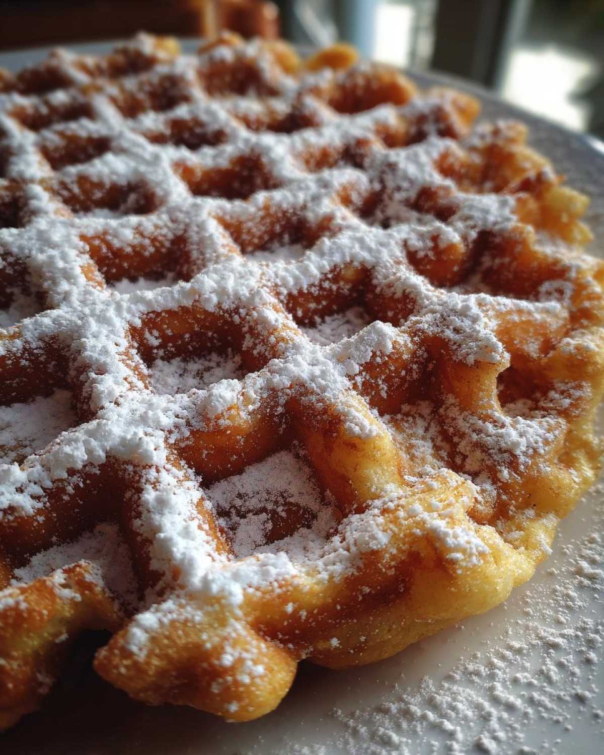 Close-up of a golden, crispy waffle generously dusted with powdered sugar, resembling a funnel cake recipe treat.