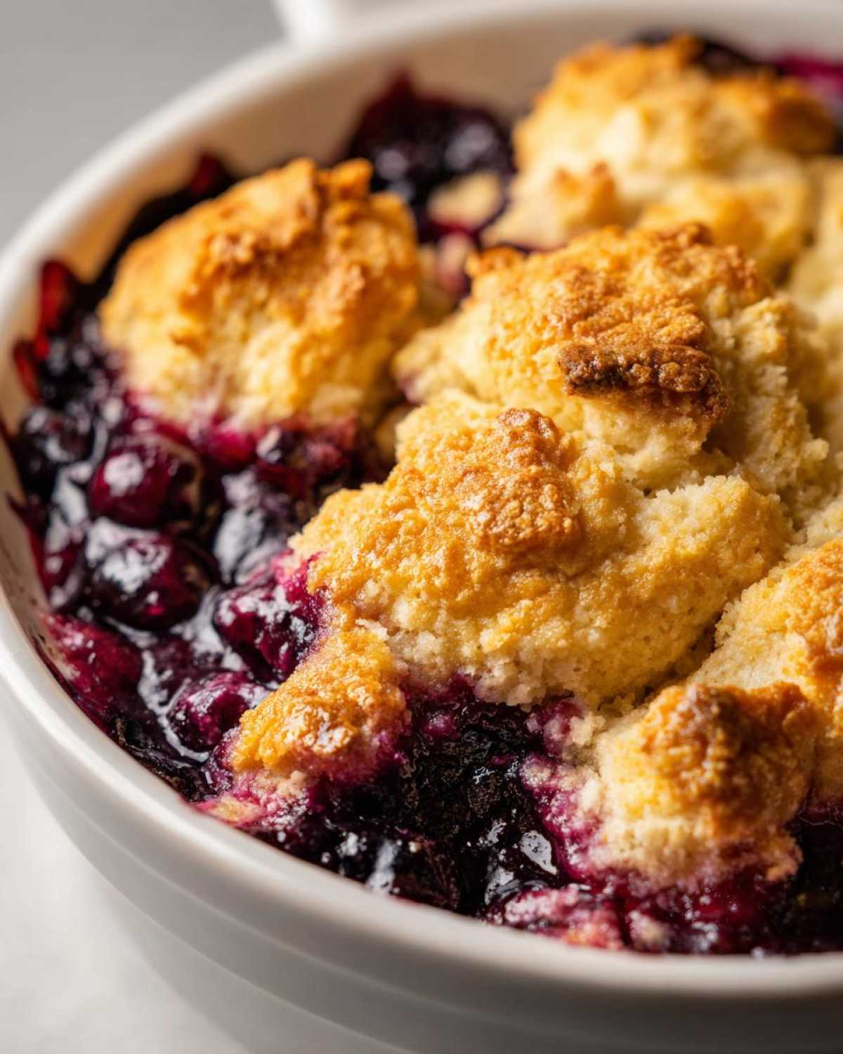 Close-up shot of a warm berry cobbler with bubbling purple fruit and golden biscuit topping.