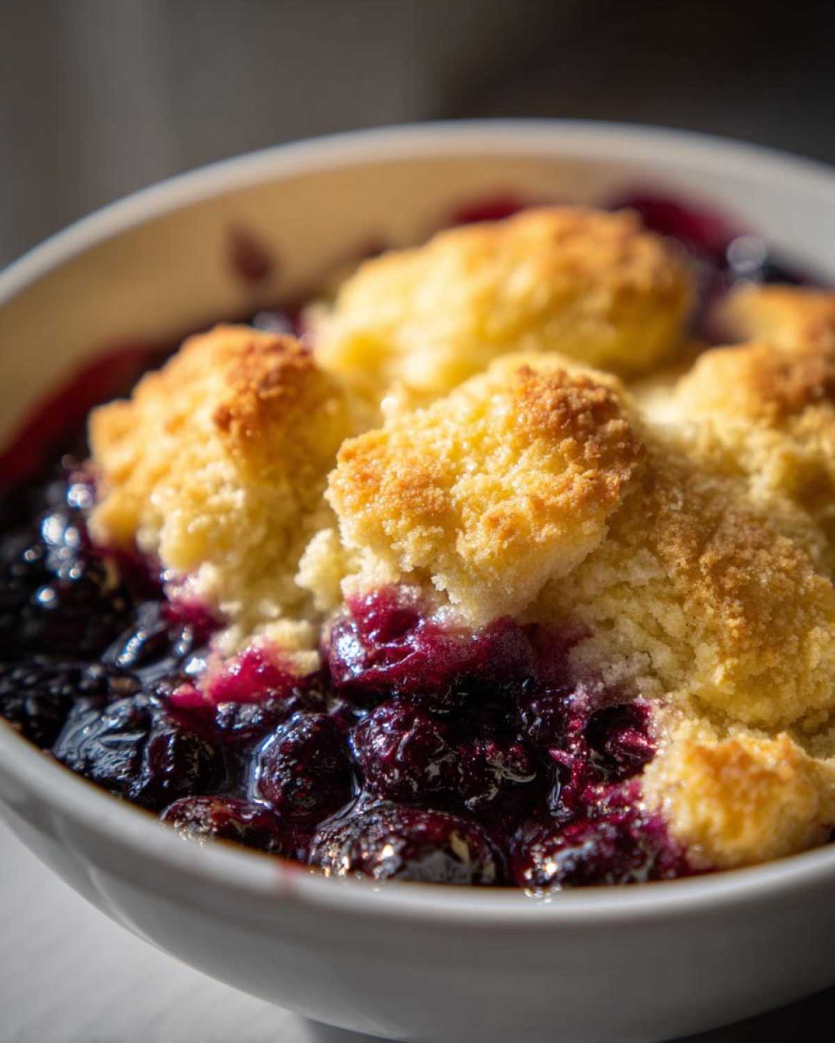 Close-up of a warm berry cobbler with bubbly purple filling and golden, crumbly topping in a white bowl.