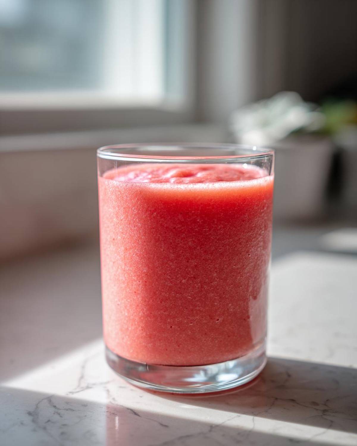 A close-up of a bright pink, icy watermelon smoothie in a clear glass on a marble counter.