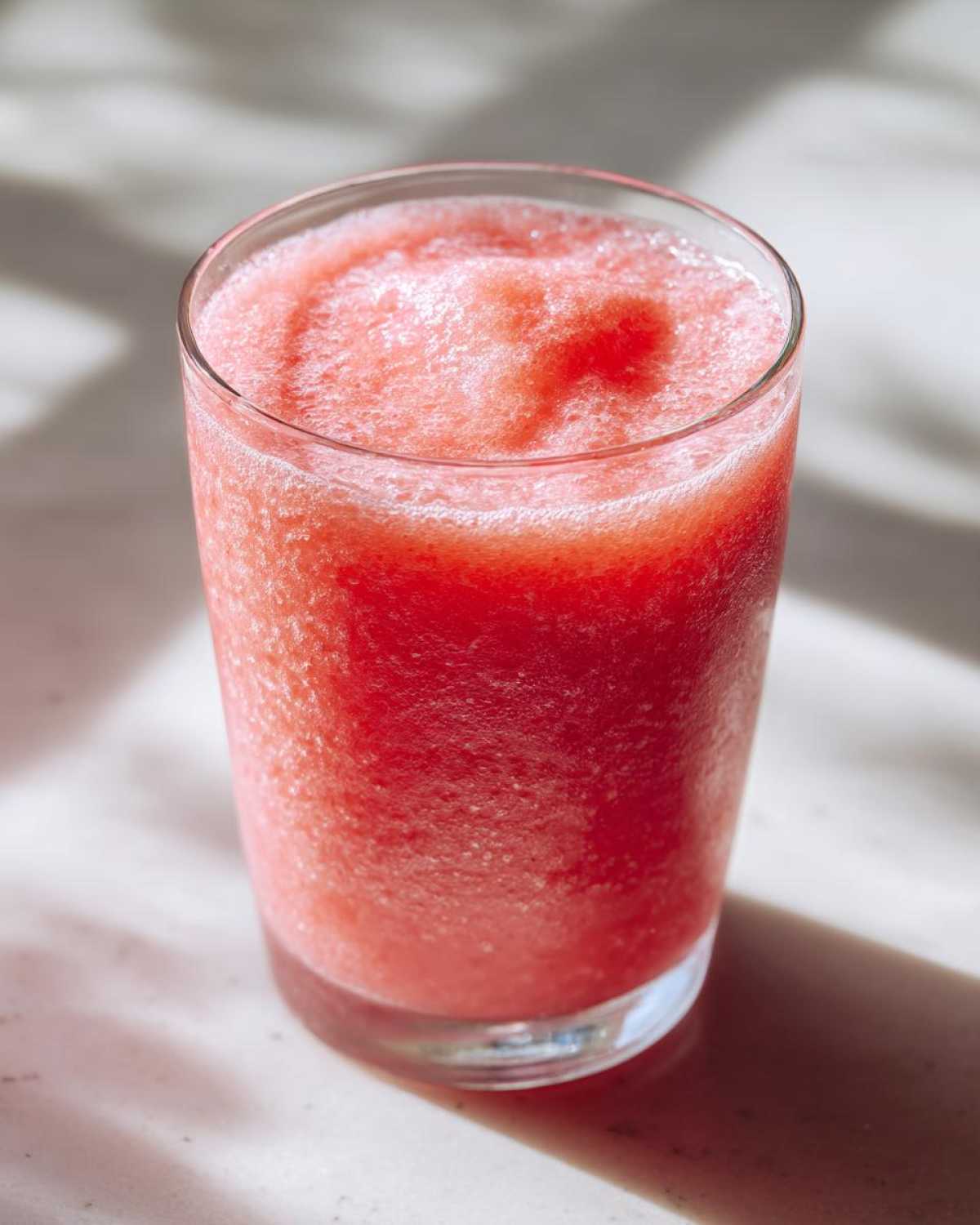 A tall glass filled with a bright pink, icy watermelon smoothie, beautifully lit by sunlight.