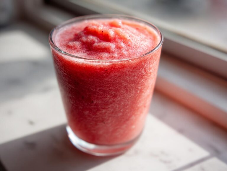 Close-up of a thick, bright red watermelon smoothie served in a clear glass, sitting in sunlight.