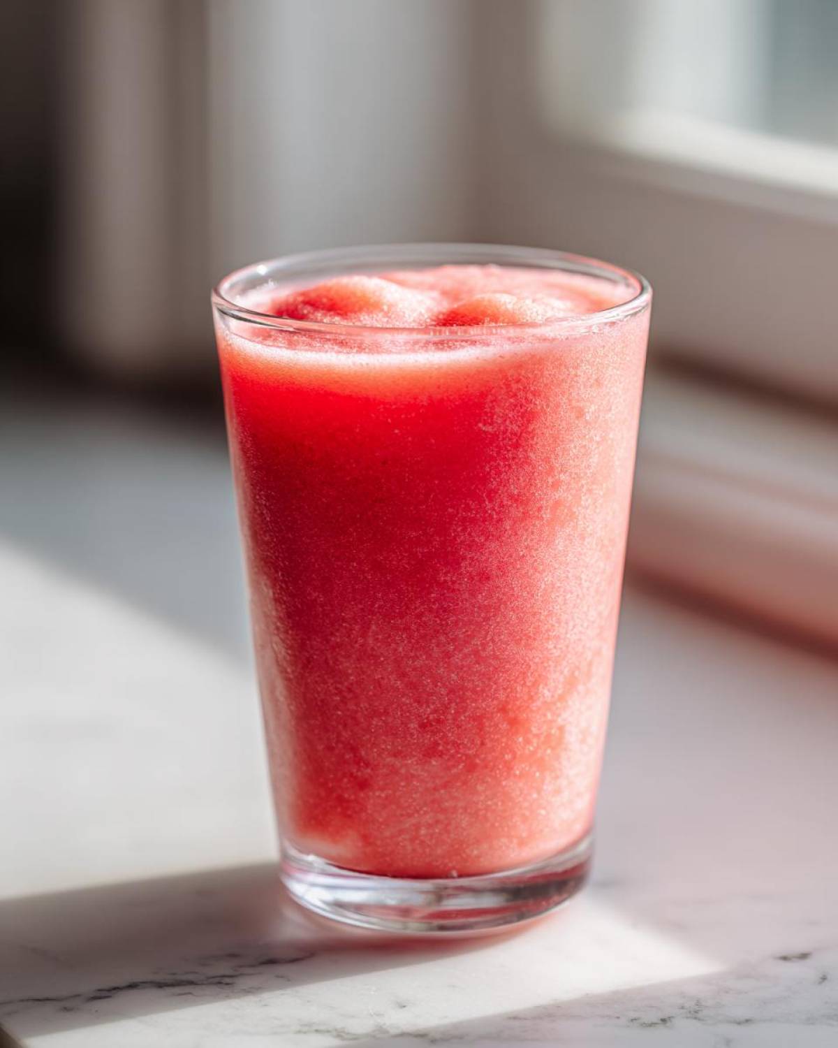 Close-up of a bright red, icy watermelon smoothie served in a tall glass on a marble surface.