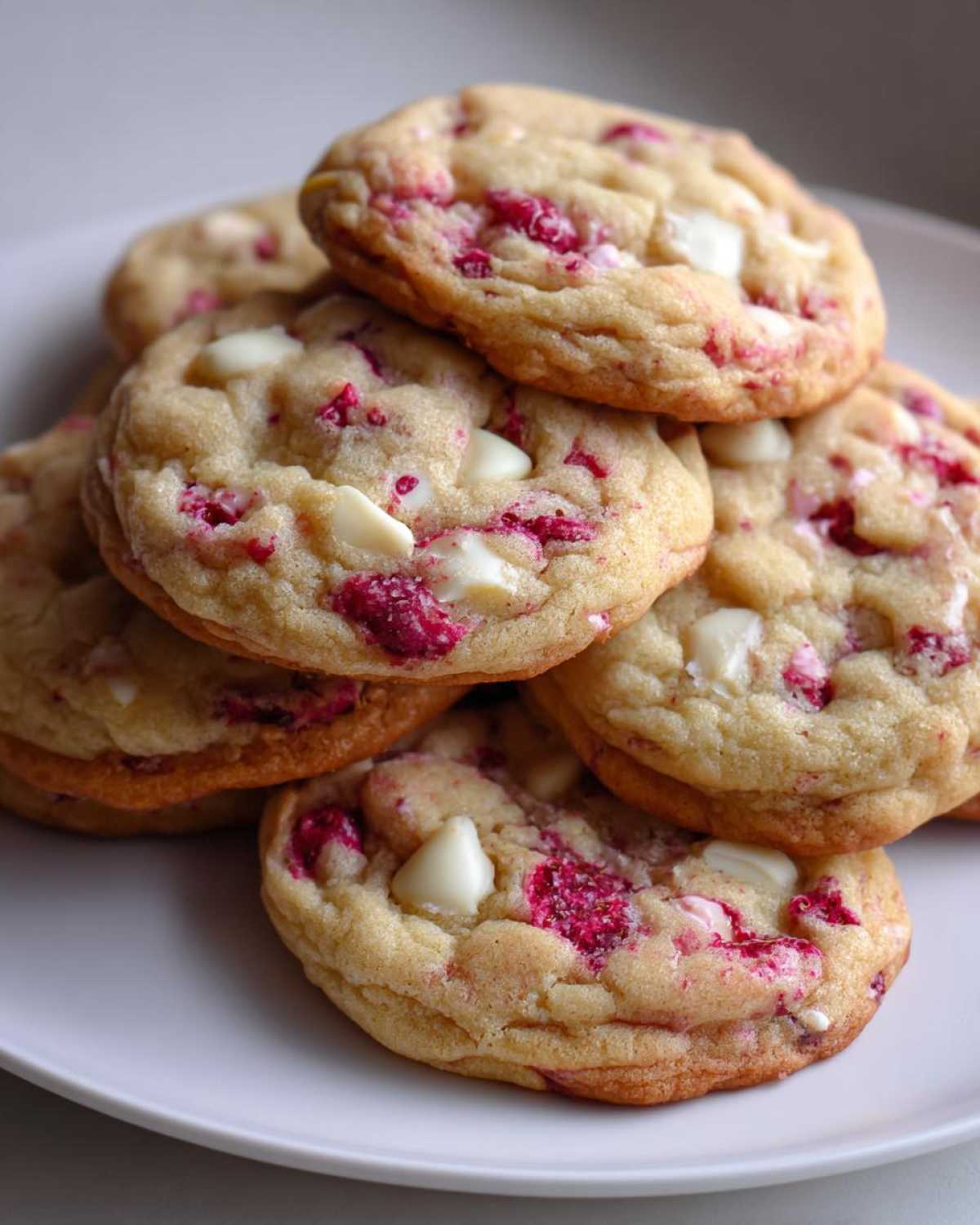 Close-up of a stack of soft white chocolate raspberry cookies featuring visible white chocolate chips and bright pink raspberry pieces.