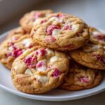 A close-up stack of soft white chocolate raspberry cookies featuring visible chunks of white chocolate and bright pink raspberry pieces.