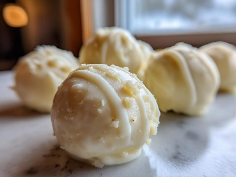 Macro shot of white chocolate coated sugar cookie truffles, one drizzled with extra white chocolate.