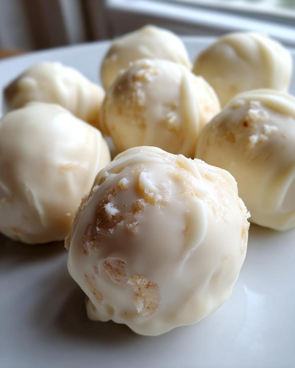Close-up of several white chocolate coated sugar cookie truffles resting on a white plate.