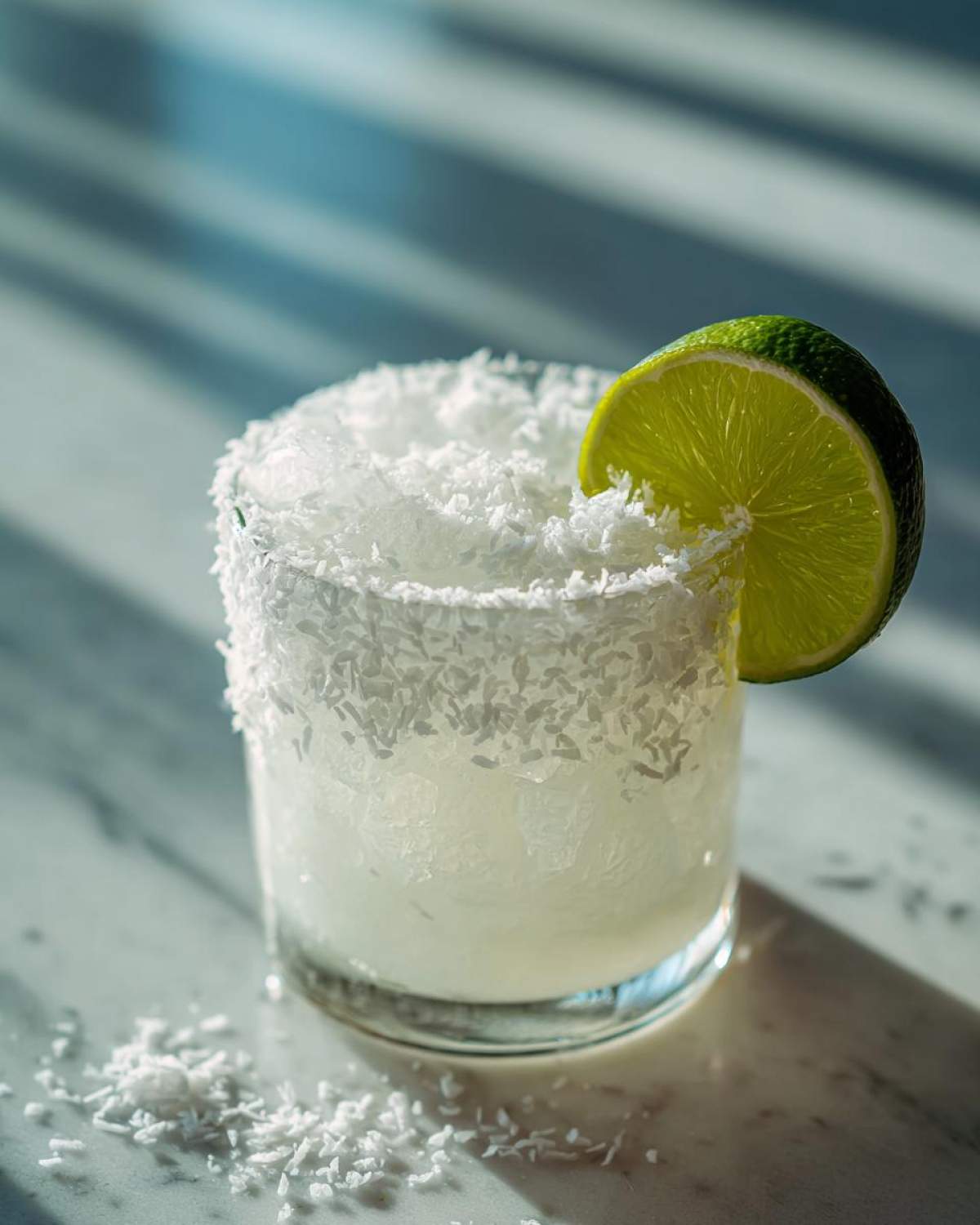 A frosty white christmas margarita served in a rocks glass with a shredded coconut rim and a fresh lime wedge garnish.