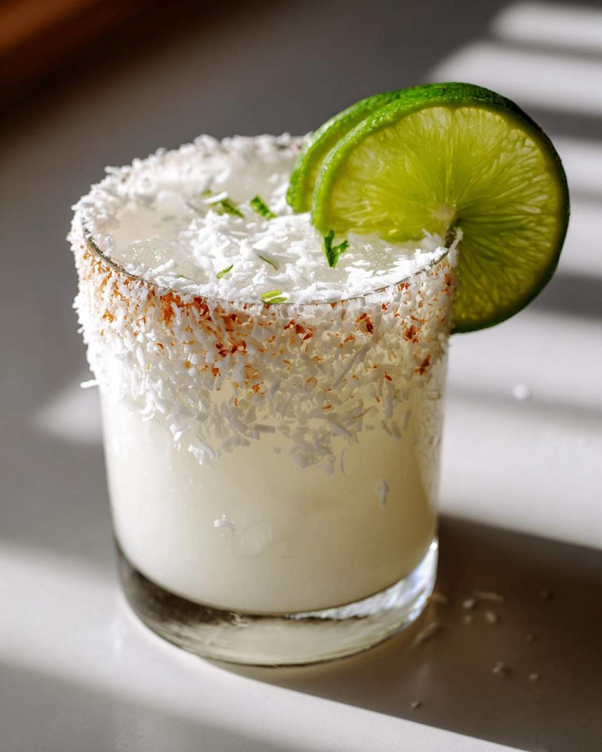 A close-up of a white christmas margarita with a toasted coconut rim and a lime wheel garnish.