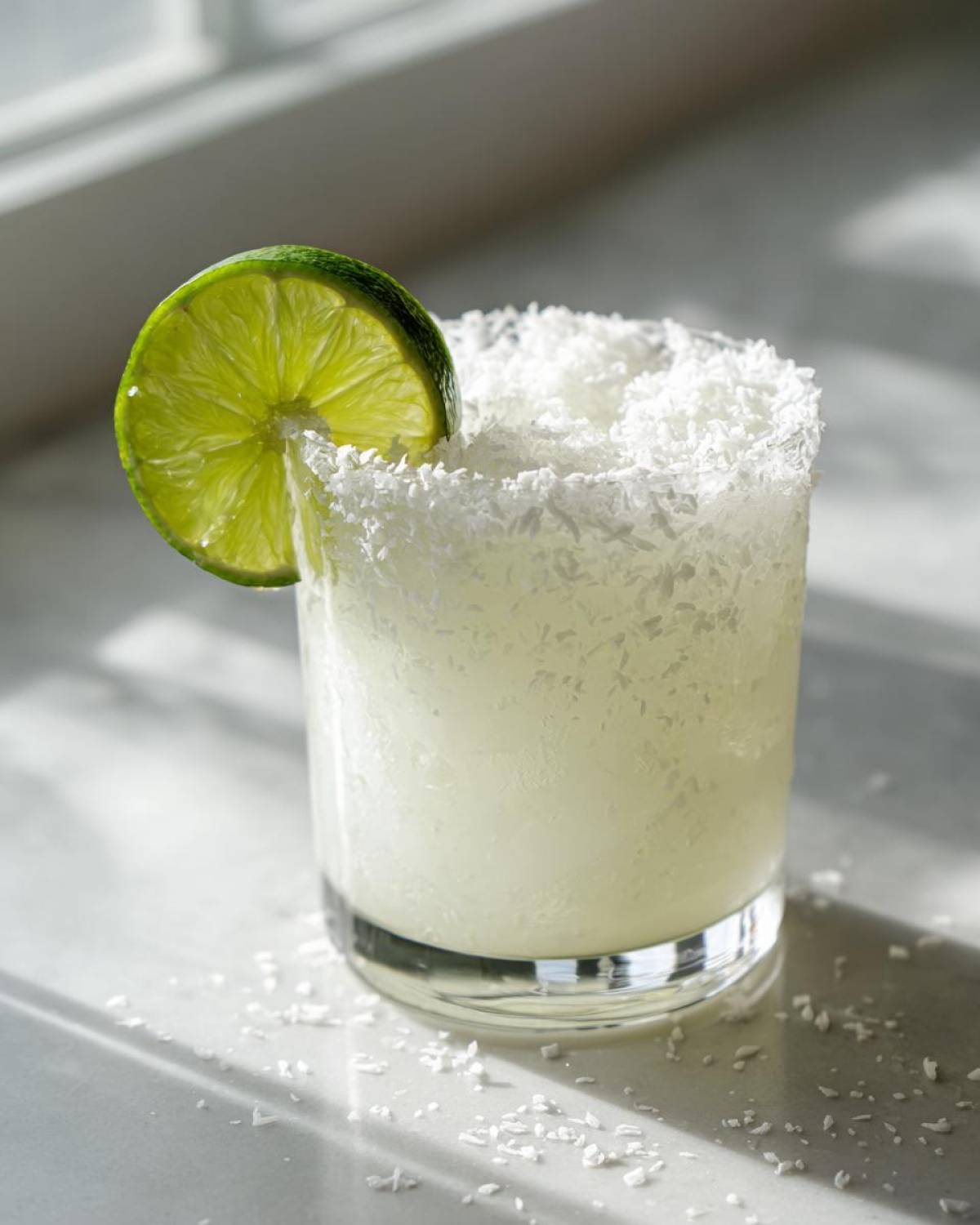 A frosty glass containing a white Christmas margarita, rimmed with shredded coconut and garnished with a fresh lime wheel.
