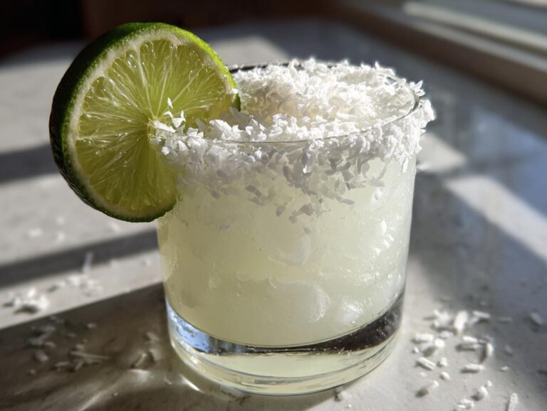 A frosty white christmas margarita in a rocks glass, garnished with a lime wheel and a shredded coconut rim.