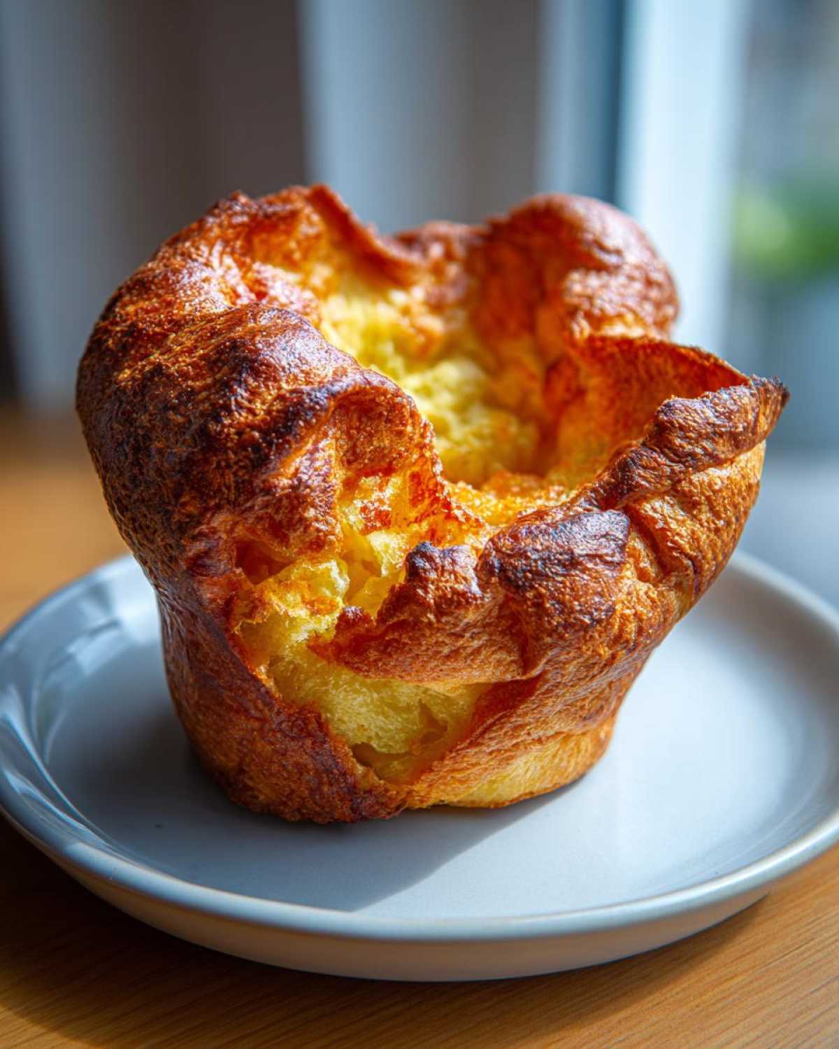 A single, tall, golden-brown Yorkshire pudding with a crispy exterior and soft center, sitting on a small grey plate.