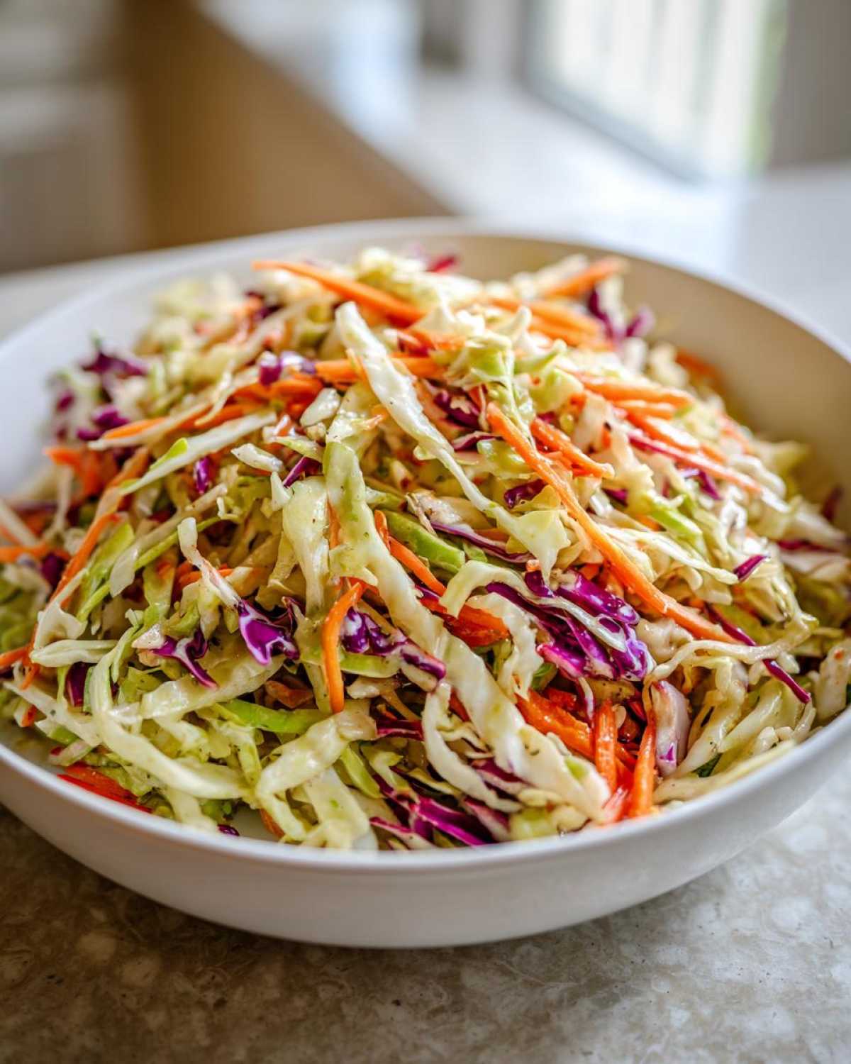 Close-up of a white bowl filled with fresh, zesty cabbage salad featuring shredded green cabbage, red cabbage, and carrots.
