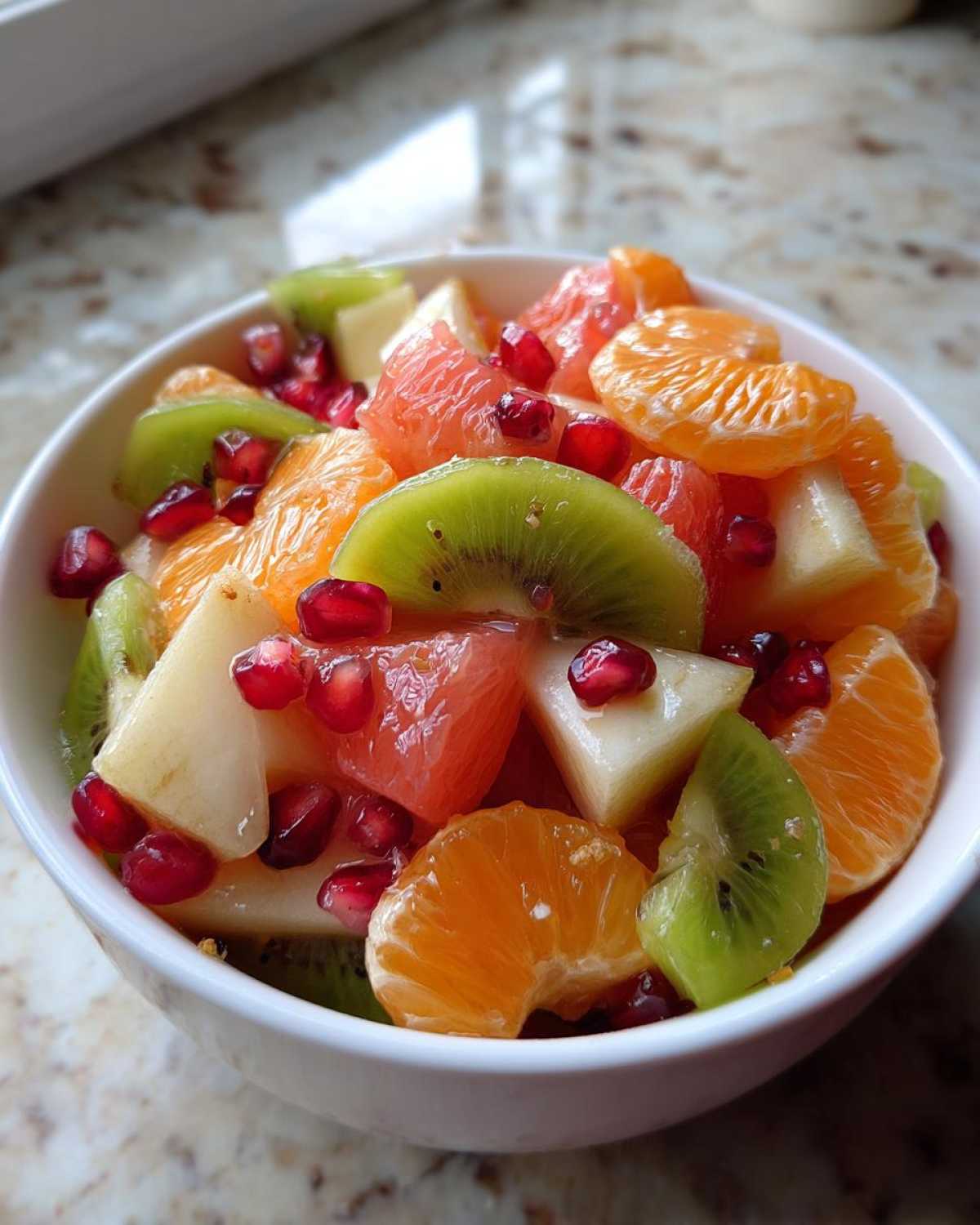 Close-up of a vibrant winter fruit salad featuring kiwi, orange segments, grapefruit, and pomegranate seeds in a white bowl.