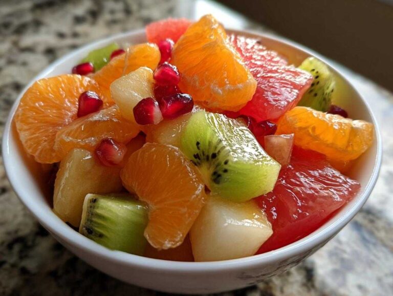 Close-up of a vibrant winter fruit salad featuring kiwi, orange segments, grapefruit, and pomegranate seeds in a white bowl.