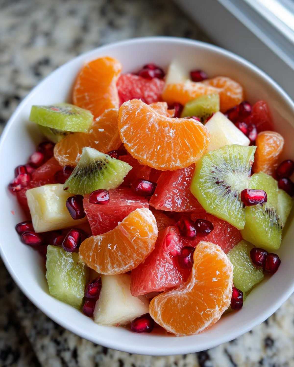 Close-up of a bright winter fruit salad featuring mandarin segments, kiwi slices, grapefruit, and pomegranate seeds.