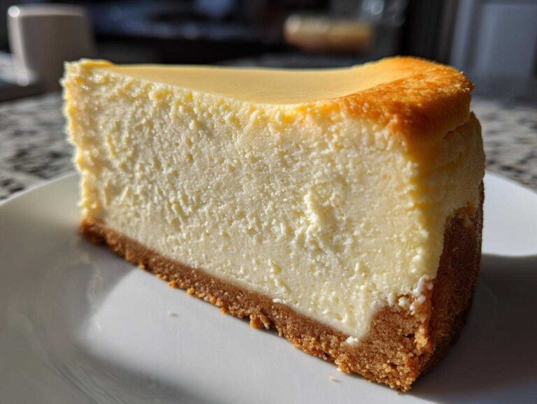 Close-up of a thick, creamy slice of baked cheesecake recipe with a golden-brown crust on a white plate.
