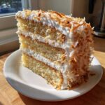 A tall slice of three-layer coconut cake recipe covered in white frosting and toasted coconut flakes.