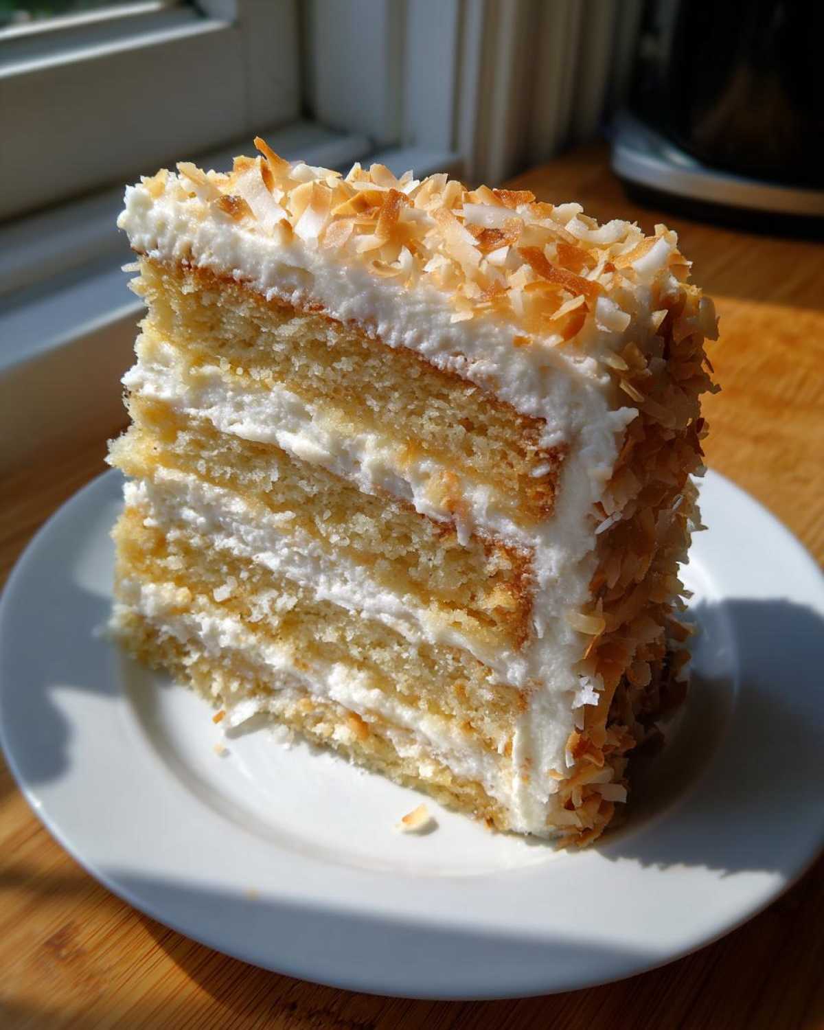 A tall, moist slice of 3-layer coconut cake recipe covered in white frosting and toasted coconut flakes.