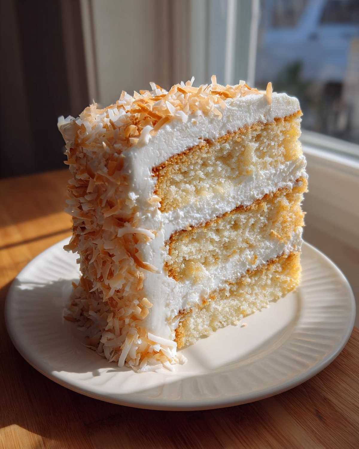 A tall, moist slice of 3-layer coconut cake recipe covered in white frosting and toasted coconut flakes.