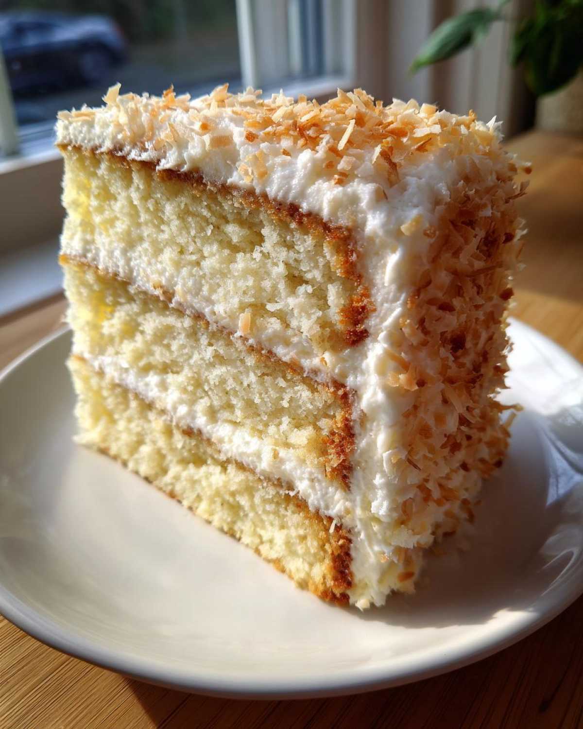 Close-up of a moist slice of 3-layer coconut cake recipe, frosted with white icing and topped with toasted coconut flakes.