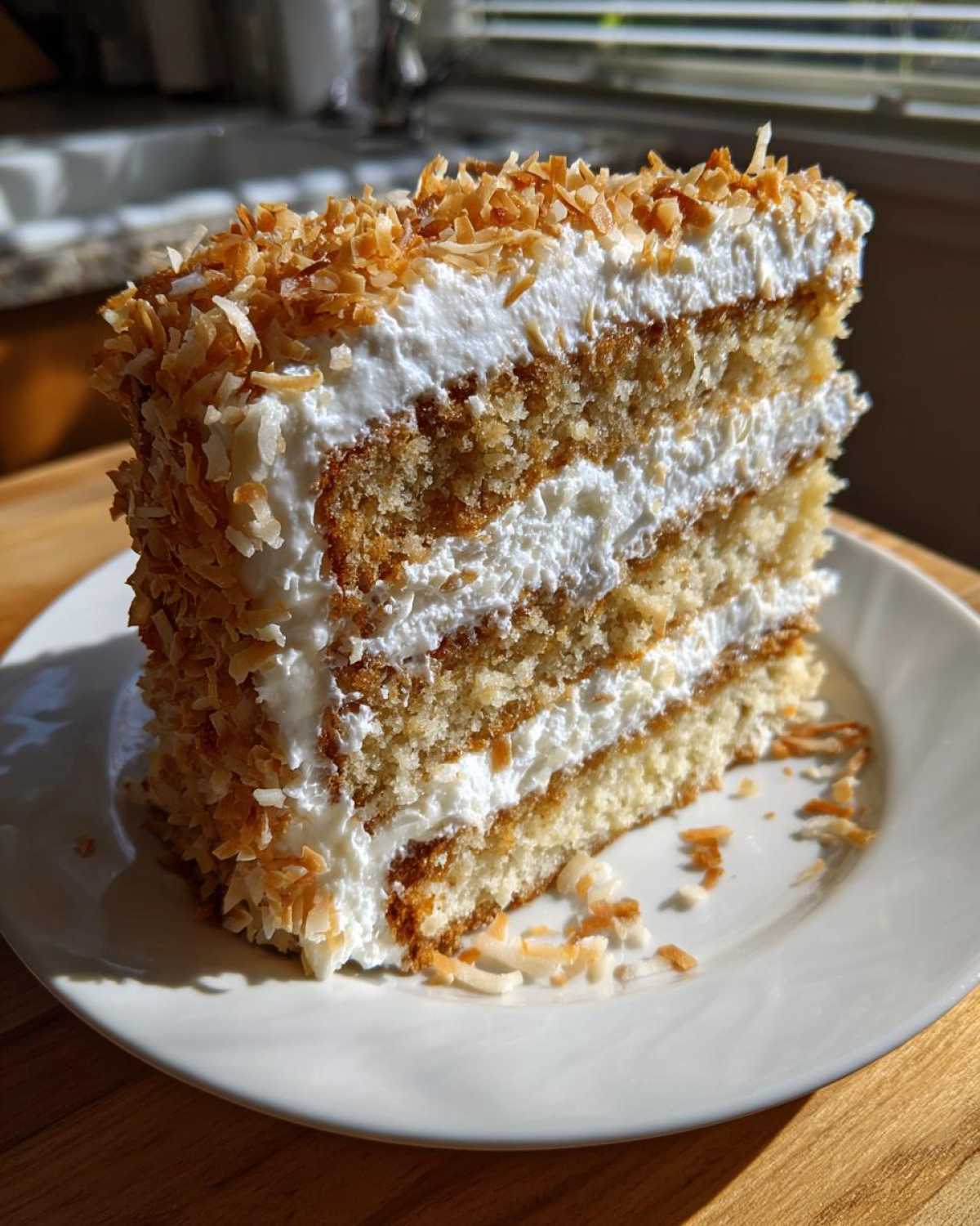 A tall slice of a three-layer coconut cake recipe, covered in white frosting and toasted coconut flakes.