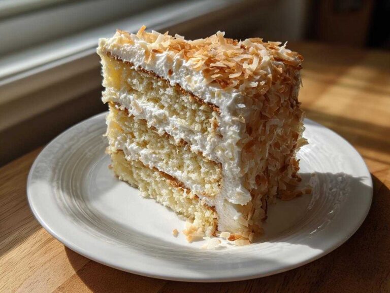 A tall slice of three-layer coconut cake recipe covered in white frosting and toasted coconut flakes, sitting on a white plate.
