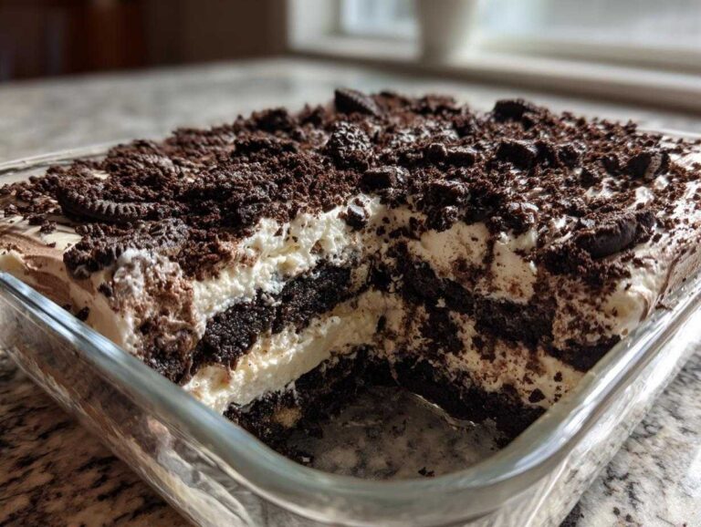 A close-up view of a rich, layered dirt cake featuring dark chocolate cookie crumbs and creamy filling in a clear glass baking dish.