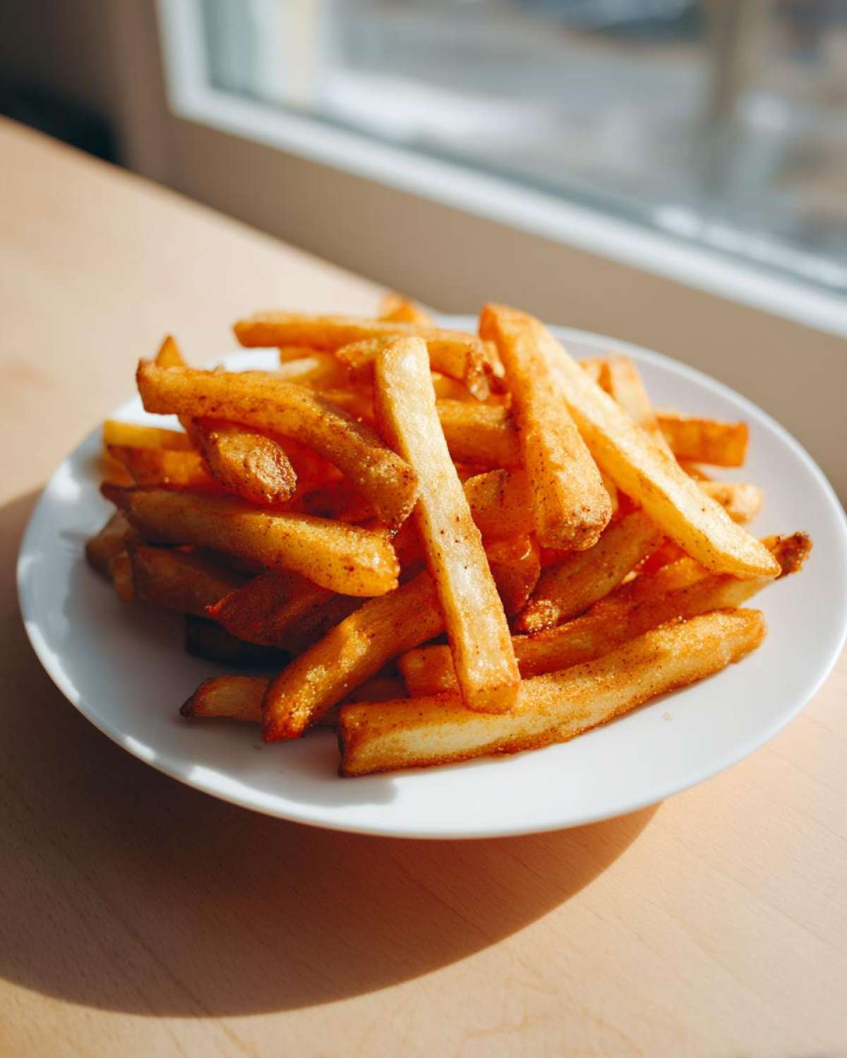 A plate piled high with crispy, golden air fryer french fries seasoned with spices, sitting on a wooden surface near a window.