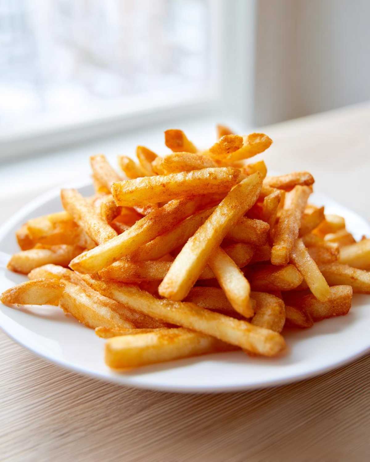 A close-up of a generous serving of golden, crispy air fryer french fries piled high on a white plate.