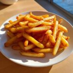 A white plate piled high with golden, crispy air fryer french fries, illuminated by sunlight.