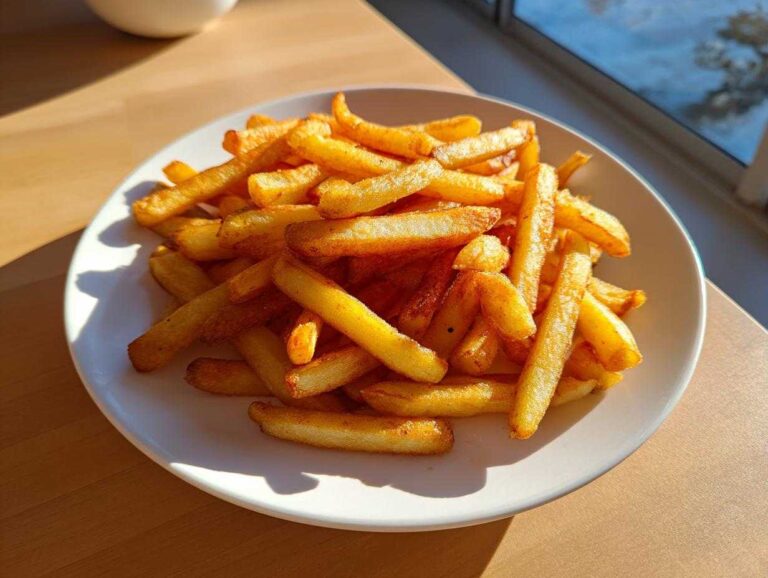 A white plate piled high with golden, crispy air fryer french fries, illuminated by sunlight.