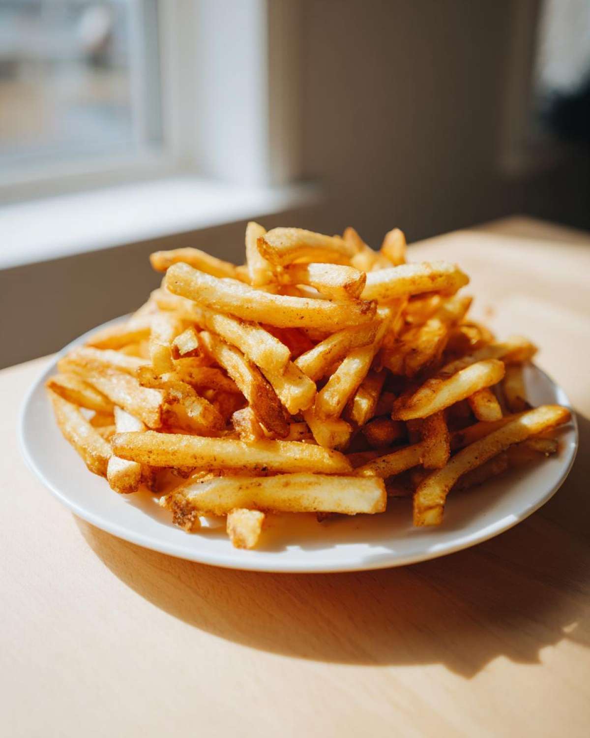 A generous pile of golden, crispy air fryer french fries seasoned lightly, served on a white plate.