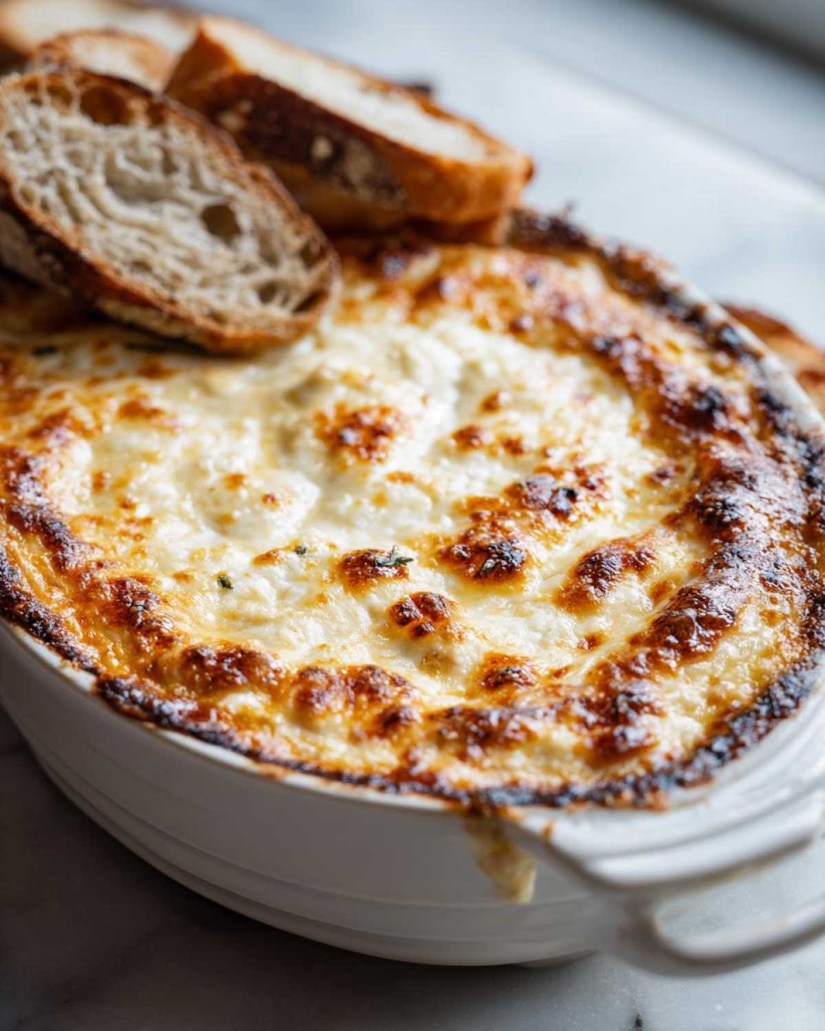 Close-up of a hot, bubbly, cheesy bread dip served in a white oval dish with slices of crusty bread.