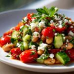 A vibrant close-up of a fresh bean salad featuring white beans, cherry tomatoes, cucumber chunks, and crumbled feta cheese.