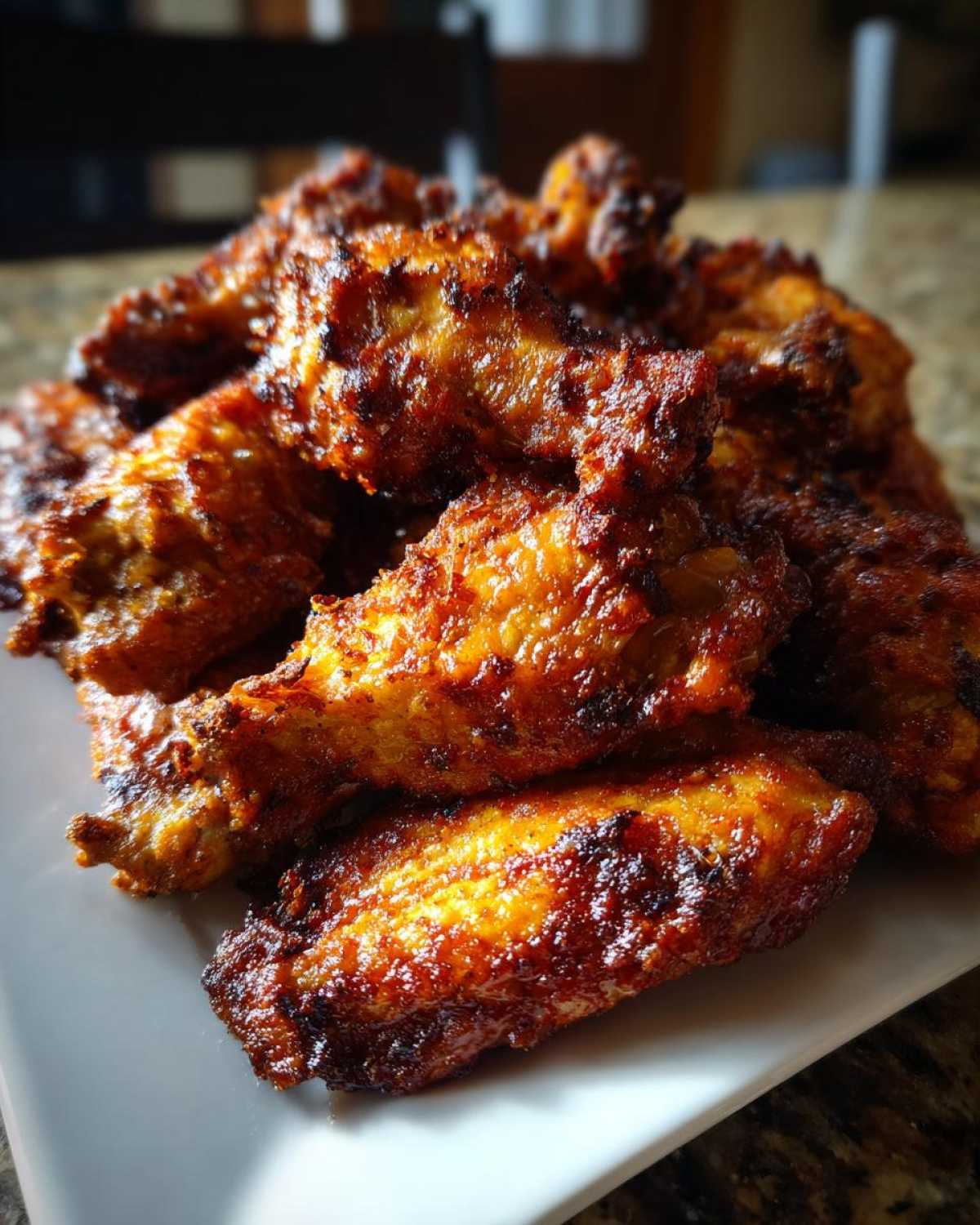 A close-up of a mound of perfectly cooked, crispy, and richly seasoned chicken wing pieces on a white plate.