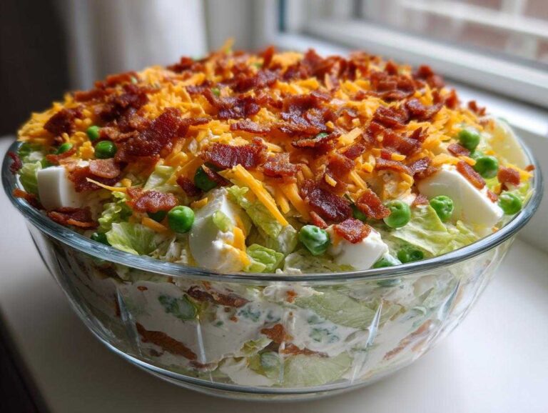 A large glass bowl filled with Amazing 7 layer salad, topped generously with shredded cheddar cheese, bacon bits, and peas.